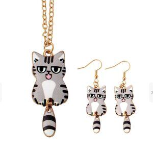 Cute Gray Enamel Tabby Cat Pendant Necklace & Earring Set Gold Tone